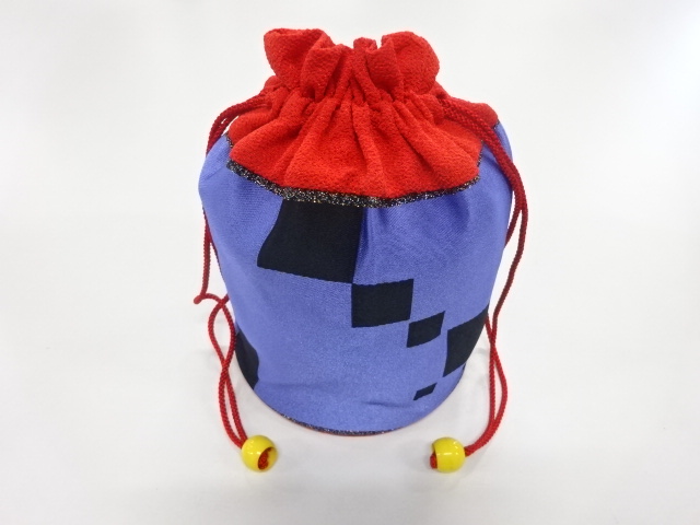 JAPANESE KIMONO / VINTAGE DRAWSTRING BAG / WOVEN CHECKERED